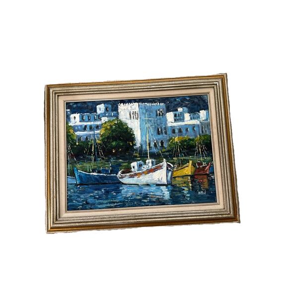 Beautiful Hand Painted Framed Harbor On Canvas Blue White Signed A Paul